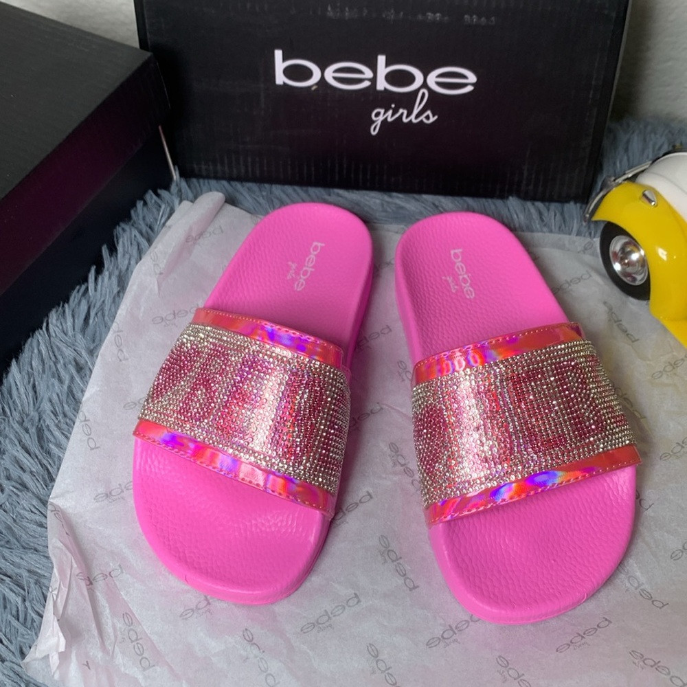 Bebe Girls’ Slip-On Slide Sandals with Rhinestone Logo Strap, Pink